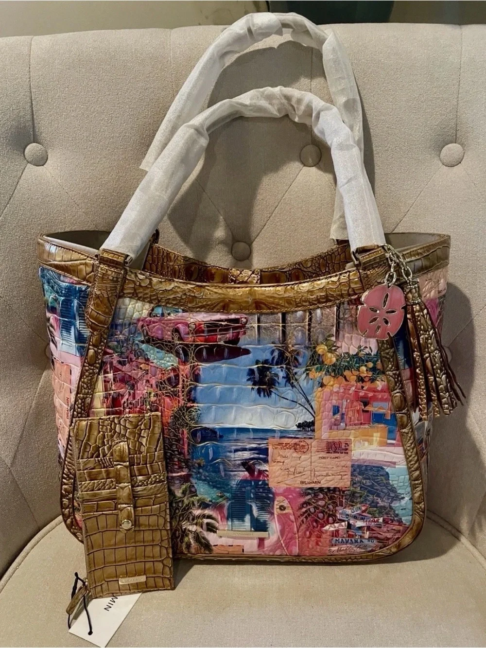 Brahmin Aliza Colorful Tote In Myrtos Multi Beach  Travel Matching CC Wallet NWT